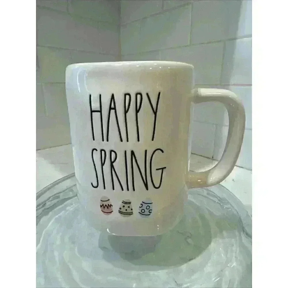 RAE DUNN Easter "HAPPY SPRING" Mug With Watercolor Eggs & Green Inside